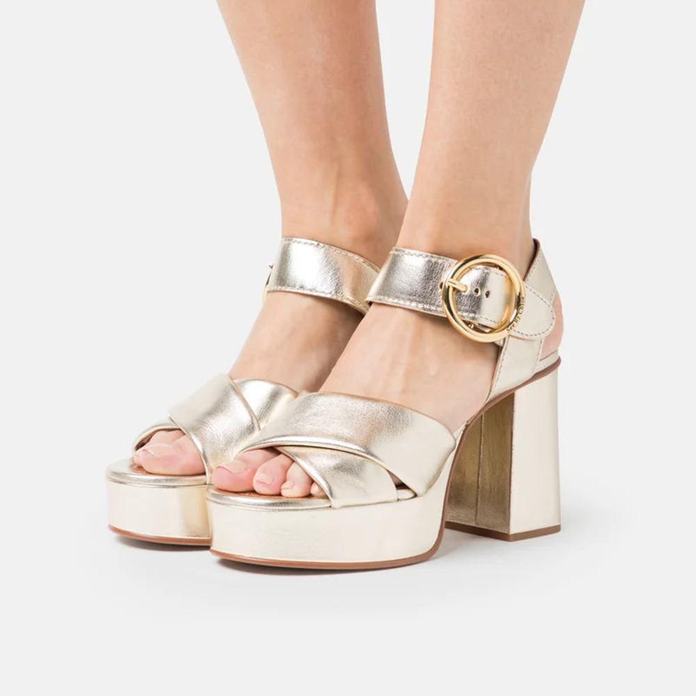 See by Chloe Leather Platform Block Heel Sandal Metallic Light Gold Womens EU 39